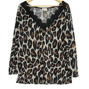 BiBi Leopard Animal Print Pullover Top Womens Size L Scalloped Lacey Old Money